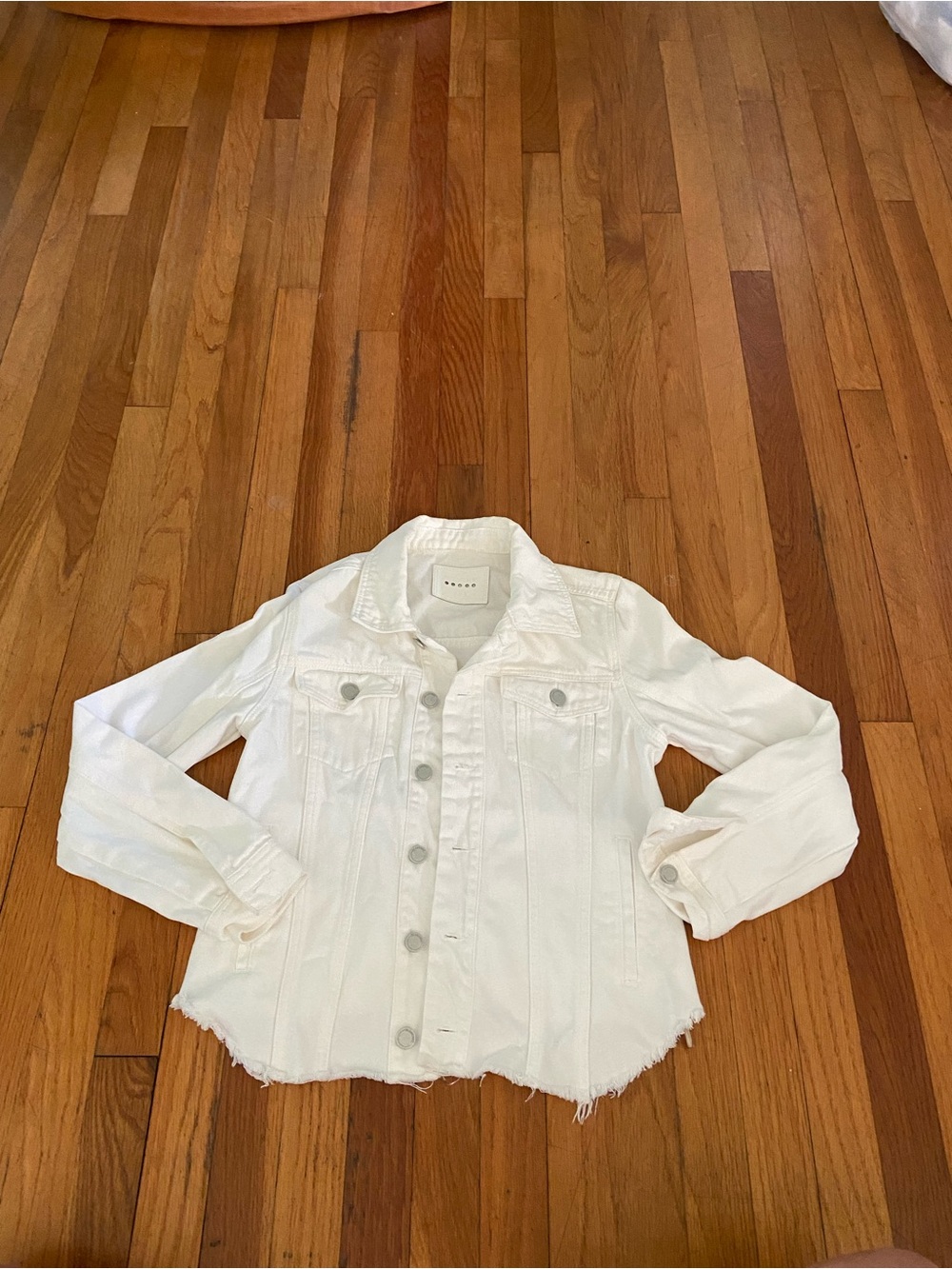 Blank NYC White Denim Jacket with Frayed Hem